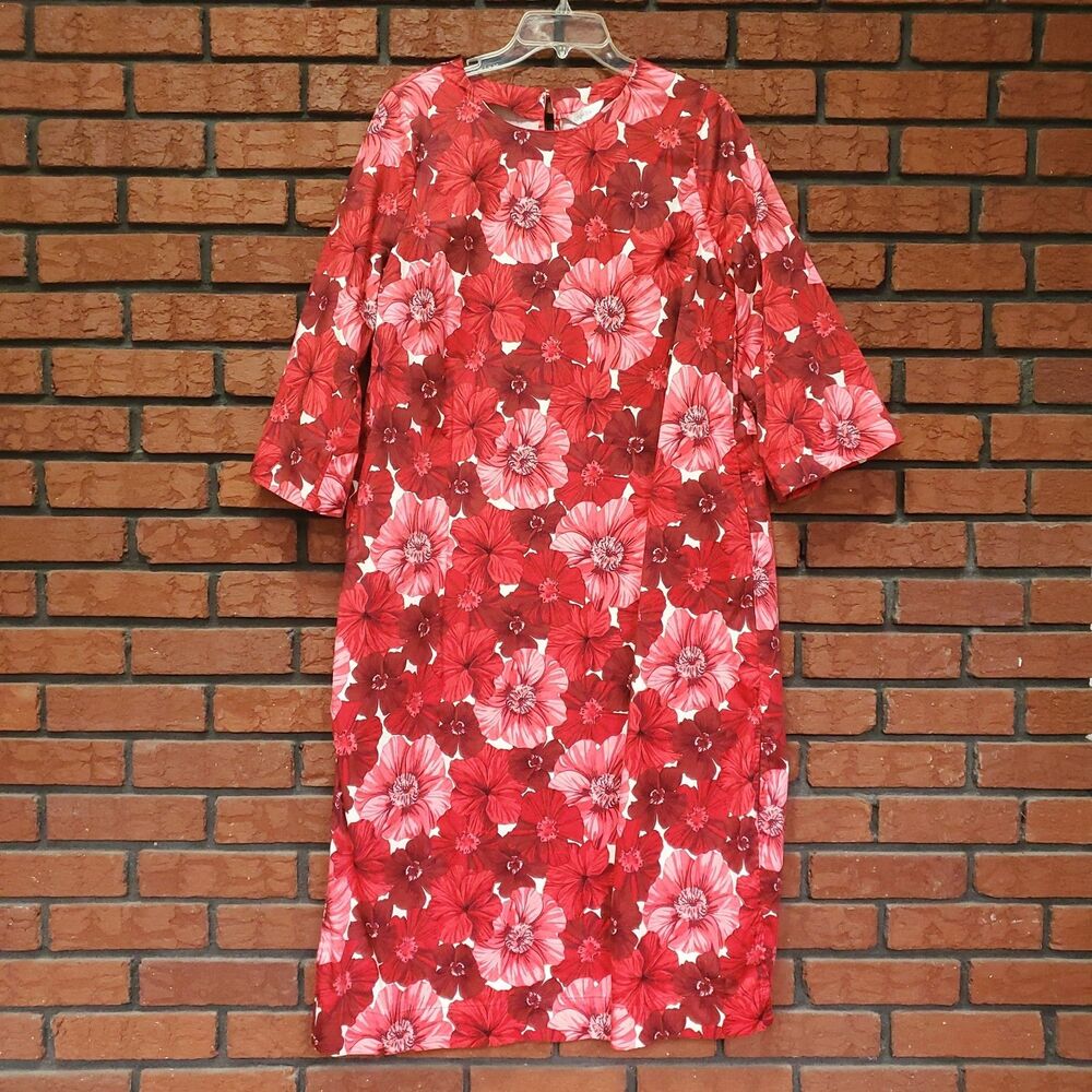 Red Floral 3/4 Sleeve Midi Dress Sz L Stretch Mod Bloomcore Vacation Patio Lanai